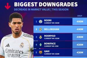 本赛季身价下跌TOP10：罗德里、贝林前二，，，，维尔茨、萨卡降3000万_24直播网